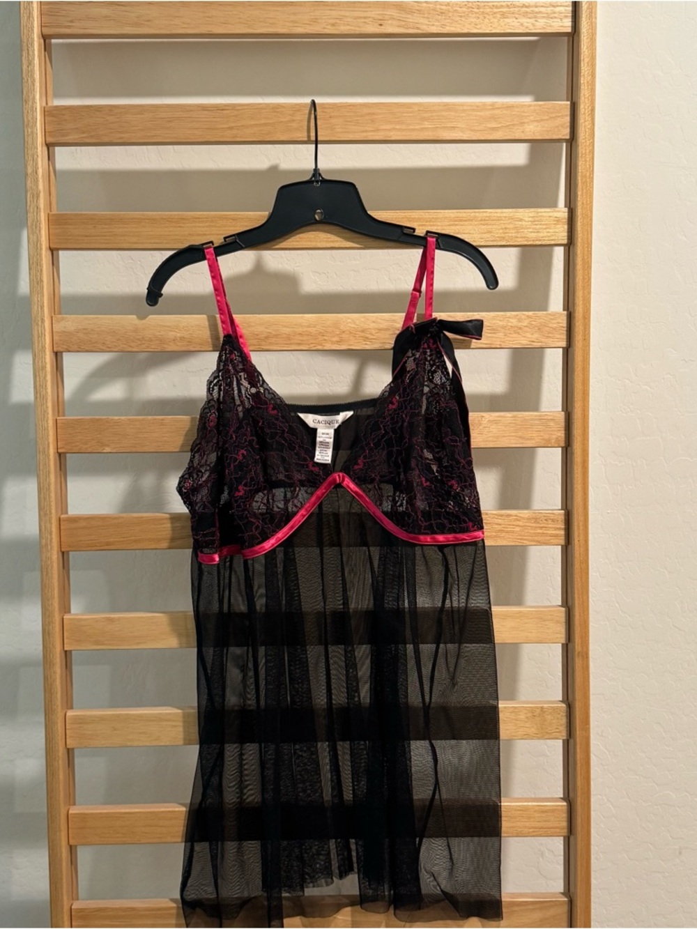 Cacique Black Mesh Chemise with Fuchsia Lace Trim
